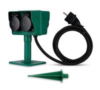 REV Garden Socket with Ground Spike - 4-Way Outdoor Socket, IP44 Splash Protection, 1.4 m Rubber Cable, Includes Base Plate for Flexible Mounting, Green