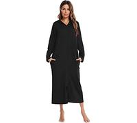 REVAHI Women's Nightgowns Long Sleeve Nightdress Hooded Zipper Dressing Gown Soft Sleepshirt Nightshirt Sleepwear