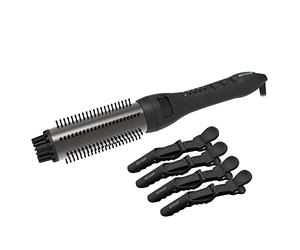 REVAMP Progloss Perfect Finish Curl & Waves Brush + Hair Sectioning Clips - Heated Curling Hairbrush for Curly Hairstyles, Unique Waver and Volumiser, Infused with Keratin, Coconut, Argan Oil - Black