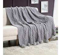 Revdomfly Chenille Knitted Throw Blanket with Pom Poms, Fuzzy & Fluffy Couch Cover Decorative Knit Blanket for Sofa Bed, 51.2" x 63", Grey