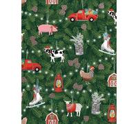 REVEL & Co Christmas Farm Ornaments Folded Christmas Wrapping Paper, 2 Feet x 10 Feet Folded Holiday Giftwrap with Pigs, Cows, Sheep, Chickens, Trucks, Barns