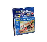 Revell Model Set 64116 Fokker DR.1 Triplane 1:72 Scale Unbuilt/Unpainted Plastic Model Kit with Contacta Professional Glue, Paintbrush & Selected Aqua Color Paints