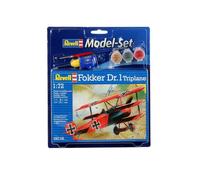 Revell Model Set 64116 Fokker DR.1 Triplane 1:72 Scale Unbuilt/Unpainted Plastic Model Kit with Contacta Professional Glue, Paintbrush & Selected Aqua Color Paints