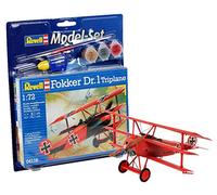 Revell Model Set 64116 Fokker DR.1 Triplane 1:72 Scale Unbuilt/Unpainted Plastic Model Kit with Contacta Professional Glue, Paintbrush & Selected Aqua Color Paints