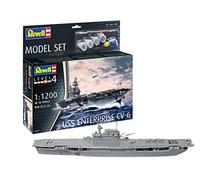 Revell Model Set 65824 USS Enterprise CV-6 1:1200 Scale Unbuilt/Unpainted Plastic Model Kit with Contacta Professional Glue, Paintbrush & Selected Aqua Color Paints