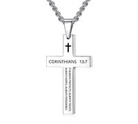 REVEMCN Inspirational Bible Verse Cross Necklace for Men Boys, Stainless Steel Plain Black Silver Cross Pendant Necklace for Men 20-24 Inches Curb Chain Faith Jewelry Gift, Stainless Steel, not