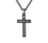 REVEMCN Inspirational Bible Verse Cross Necklace for Men Boys, Stainless Steel Plain Black Silver Cross Pendant Necklace for Men 20-24 Inches Curb Chain Faith Jewelry Gift, Stainless Steel, not