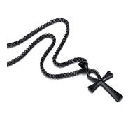 REVEMCN Men's Stainless Steel Black Gold Silver Coptic Ankh Cross Pendant Chain Necklace for Men Women Egyptian Religious jewelry Gifts, 20-24 Inches Box Chain, Stainless Steel, No Gemstone