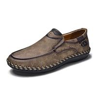 ReverseClock Leather Slip on Shoes for Men Comfy Handmade Loafers Lightweight Flats Walking Driving Shoes (Khaki,7)