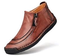 ReverseClock Men's Leather Short Ankle Boots Casual Cowhide Handmade Vintage Booties Flat Loafers Driving Moccasin Shoes (10,brown,10)