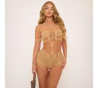 Reversible Bardot Tie Front Detail Crop Top In Beige Crochet Knit, Women's Size UK Medium M