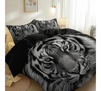 Reversible Bed Linen Double, Animal Tiger Pattern, Premium Microfibre Set with 2 Pillowcases 50x75cm For Standard Bedroom Decor, Black