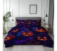 Reversible Bed Linen Double, Halloween Theme Fantasy Pumpkins Pattern, Premium Microfibre Set with 2 Pillowcases 50x75cm For Standard Bedroom Decor, Purple