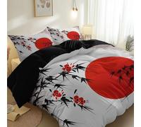 Reversible Bed Linen Double, Japanese Ink Painting Red Sun Pattern, Premium Microfibre Set with 2 Pillowcases 50x75cm For Standard Bedroom Decor, Black