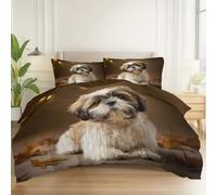 Reversible Bed Linen King Size, Brown Simple Cute Shih Tzu Pattern, Luxury Brushed Microfiber Set with 2 Pillowcases 50x75cm for Elegant Master Bedroom