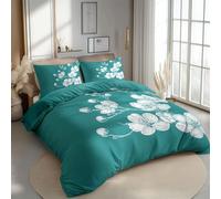 Reversible Bed Linen King Size, Turquoise Simple Cherry Blossoms Pattern, Luxury Brushed Microfiber Set with 2 Pillowcases 50x75cm for Elegant Master Bedroom