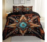 Reversible Bed Linen King Size, Vintage Tribal Feathers, Soft Microfibre Set with 2 Pillowcases 50x75cm For Elegant Master Bedroom, Dark Brown