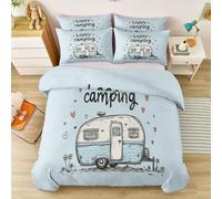 Reversible Bed Linen Super King, Holiday Lorry & Heart Motif Pattern, Soft Microfibre Duvet Cover Set for Spacious Master Bedroom, Travel Enthusiasts, Light Blue