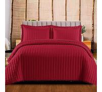 Reversible Bed Throws Double Size Quilted Bedspread Coverlets - Luxury Embossed Patterned Quilt with Pompom on Bedspreads All Side Red