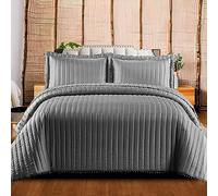 Reversible Bed Throws Double Size Quilted Bedspread Coverlets - Luxury Embossed Patterned Quilt with Pompom on Bedspreads All Side Grey
