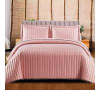 Reversible Bed Throws Double Size Quilted Bedspread Coverlets - Luxury Embossed Patterned Quilt with Pompom on Bedspreads All Side Pink