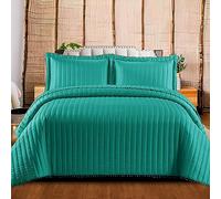 Reversible Bed Throws Double Size Quilted Bedspread Coverlets - Luxury Embossed Patterned Quilt with Pompom on Bedspreads All Side Teal