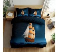 Reversible Cartoon Old Wooden Boat Night Sea Printed Duvet Cover, Luxury Vintage Double Bedding Sets - Lightweight Duvet Cover Bedding - Soft Breathable Quilt Covers for Kids Adults 200 x 200 cm