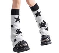 Reversible Cat Star Spiderweb Pattern Knitted Leg Warmers for Women Japanese Grunge Punk Boots Cuffs Footless Socks Cat Pattern Footless Boots Socks, stars on white backg, One Size