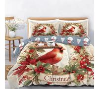 Reversible Christmas Duvet Cover King,3D Print deep red Beautiful cardinal with mistletoe wreath Pattern,Cozy Holiday Bedding Set with Zipper & Corner Ties, Ultra Soft Microfiber, 3Pcs