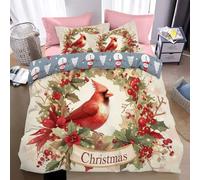 Reversible Christmas Duvet Cover King,3D Print green Robin Berries with mistletoe wreath Pattern,Cozy Holiday Bedding Set with Zipper & Corner Ties, Ultra Soft Microfiber, 3Pcs