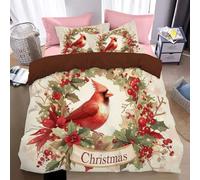 Reversible Christmas Duvet Cover Super King Size,3D Print deep red mistletoe wreath with Beautiful Cardinal Christmas Theme,Cozy Holiday Bedding Set with Zipper & Corner Ties, Ultra Soft Microfiber