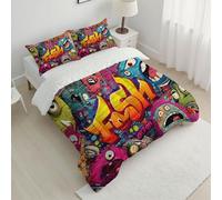 Reversible Colorful Quilted Bedspread 140x200 cm, Soft Microfiber Lightweight Single Coverlets Quilt Cartoon Characters Print, Machine Washable Street Graffiti Style Quilted Duvet for Cold Nights