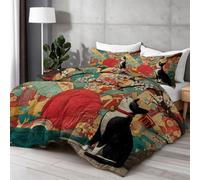 Reversible Comforter Set 135×200 cm, Japanese Art Cat Sunlight Patterned All-Season Down Alternative Duvet Insert, Colorful Anti-Clump Quilted Bedspread for Guest Room, Breathable & Easy Care