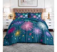 Reversible Coverless Duvet 200x200cm Colorful Fireworks Stars 7.5 Tog Double Comforter with 2 Pillowcases for All Seasons, Quality Quilt Washable, Lightweight Warm