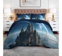 Reversible Coverless Duvet 200x200cm Fantasy Planets Castles 7.5 Tog Double Comforter with 2 Pillowcases for All Seasons, Quality Quilt Washable, Lightweight Warm