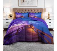 Reversible Coverless Duvet 230x220cm Seaside Wooden Bridge Scenery 7.5 Tog Double Comforter with 2 Pillowcases for All Seasons, Quality Quilt Washable, Lightweight Warm