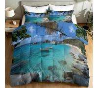 Reversible Coverless Duvet Set 200 x 200 cm with 2 Shams, Coastal Landscape Ocean Island Beach Soft All Seasons Comforter, 4.5 Tog Double Lightweight Summer Quilt for Adult and Teen, Multicoloured