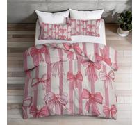 Reversible Coverless Duvet Set 230 x 220 cm with 2 Shams, Classic Fashion Stripe Bow Soft All Seasons Comforter, Spring Summer 4.5 Tog King Lightweight Quilt, Pink-Beige