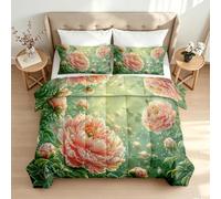 Reversible Coverless Duvet Single 7.5 Tog 3D Peony Floral | Bed Duvets Sets Machine Wash Dreamy Botanical All Season Quilt Soft Warm Bedding and 2 Pillowcases G/720