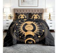 Reversible Coverless Duvet Single 7.5 Tog Moon Phase Celestial | 135x200 cm Bed Duvets Sets Machine Washable Sun Face Mystic Star All Season Quilt Soft Warm Bedding and 2 Pillowcases U500