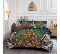 Reversible Coverless Retro Comic Book Style Duvet | Lightweight Breathable Christmas Tree Gingerbread Man Cottage Bed Quilt for All Seasons - 1 Soft Comforter Bedding with 2 Pillowcases, 200x200cm