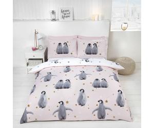 Reversible Cute Starry Winter Penguins Duvet Cover Bedding Set - BLUE OR PINK