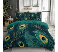 Reversible Double Size Turquoise Duvet Cover Sets - Premium Microfiber Bedding Sets - Ultrsoft Brushed Quilt Cover Sets Peacock Feathers 200 x 200 cm with Zipper Closure and 2 Pillowcases 50x75cm