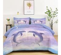 Reversible Duvet 135×200 cm - Thick & Cosy Down Alternative Comforter for All Seasons - Dream Sky Animal Dolphin Valentine'S Day pattern, Lightweight Box Stitched Quilt, Washable Blue Purple Bedding