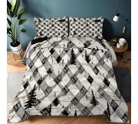 Reversible Duvet 135×200 cm - Thick & Cosy Down Alternative Comforter for All Seasons - Farm Style Plaid Bear Pine Trees pattern, Lightweight Box Stitched Quilt, Machine Washable Black White Bedding