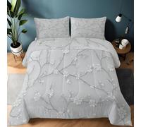 Reversible Duvet 200×200 cm - Down Alternative Comforter for All Seasons - Oriental Traditional Style Flowers Vines pattern, Lightweight Box Stitched Quilt, Machine Washable Light Gray White Bedding
