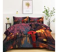 Reversible Duvet Anime Style Japanese Style Street Architecture Pattern Soft Warm Anti-Pilling Coverless Duvet, Queen Size Washable Comforter 200 x 200 cm, Colorful Hypoallergenic All Seasons Quilt