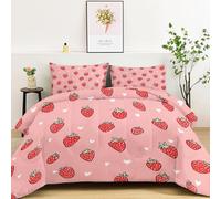 Reversible Duvet Cartoon Plant Strawberry Heart Pattern Soft Warm Anti-Pilling Coverless Duvet, Twin XL Size Machine Washable Comforter 135 x 200 cm, Pink Hypoallergenic All Seasons Quilt
