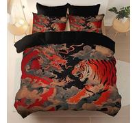 Reversible Duvet Cover - Black Soft Bedding Set with Zipper Closure & Corner Ties, Oriental Fantasy Dragon Tiger Design Printed - Breathable Brushed Microfiber Material, 135 × 200 cm
