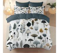 Reversible Duvet Cover - Grey Soft Bedding Set with Zipper Closure & Corner Ties, Close-Up Forest Mushrooms Leaves Design Printed - Breathable Brushed Microfiber Material, 230 × 220 cm